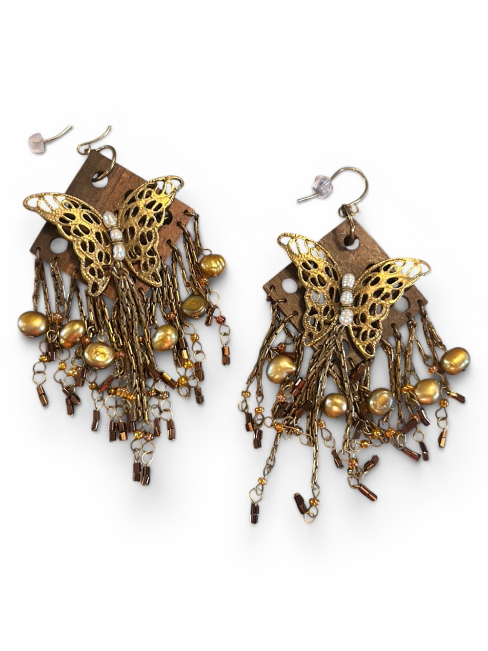 Steampunk Gold Butterfly Fringe Dangle Earrings